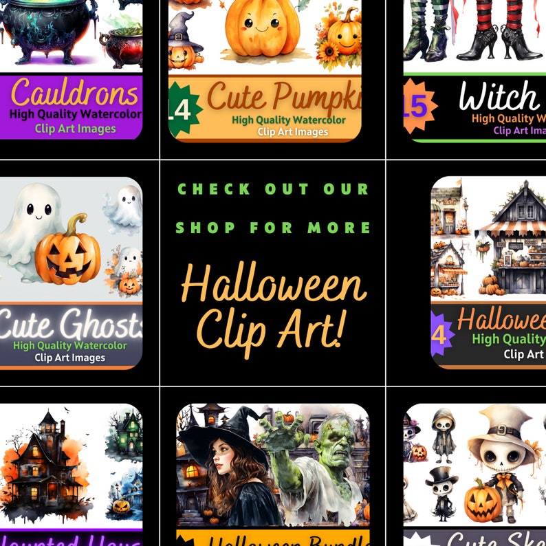 May include: A digital collage of Halloween clip art images. The images include cauldrons, pumpkins, witches, ghosts, haunted houses, and skeletons. The text "CHECK OUT OUR SHOP FOR MORE Halloween Clip Art!" is in the centre of the image.