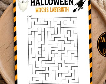 Pode incluir: Um labirinto imprimível com tema de Halloween intitulado "Witch's Labyrinth" com uma borda preta e laranja. O labirinto está em um fundo branco, com as palavras "Halloween" e "Witch's Labyrinth" no topo. O texto "Buy Once Use Forever" está na parte inferior.