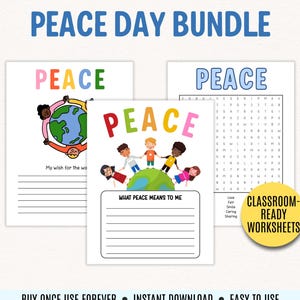 Könnte beinhalten: Ein Paket mit klassenfertigen Arbeitsblättern für den Friedenstag. Die Arbeitsblätter zeigen das Wort "PEACE" in bunten Buchstaben, Illustrationen von Kindern, die sich an den Händen um die Erde halten, und Wortsuchrätsel. Das Paket enthält den Text "Was Frieden für mich bedeutet."