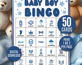 Junge-Babyparty-Bingospiel, Aktivitätsblau, 50 Karten (druckbare PDF)