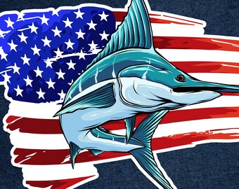 Marlin Fish With American Flag USA Vinyl Decal Bumper, Wall, Laptop, Window, Etc,6 Years Resistance Laminated+ Free Sticker