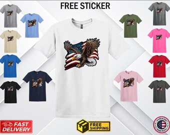 T Shirt Adult Bald Eagle Flying W American Flag All Color+ Free Sticker