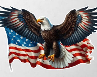Majestic Bald Eagle Soaring with the American Flag Vinyl Decal Bumper, Wall, Laptop, Window, Etc,6 Years Resistance Laminated+ Free Sticker