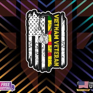 May include: A distressed American flag with a yellow, red, and green stripe and the text "Vietnam Veteran" on the right side. Two dog tags hang from the top of the flag.