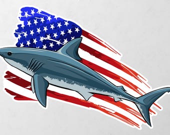Usa Flag Shark Isolated White Sea Predator USA Vinyl Decal Bumper, Wall, Laptop, Window, Etc,6 Years Resistance Laminated+ Free Sticker