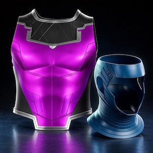 May include: A bright purple and black chest plate armor piece with silver trim and geometric paneling, paired with a separate dark blue neck and shoulder guard featuring a layered, segmented design and open face structure.