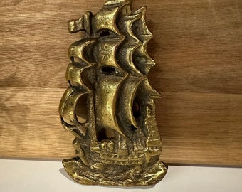 HEAVY Vintage Brass Sailboat Ship Door Knocker Nautical Maritime