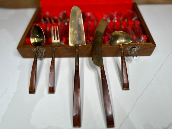 Vtg James Jewelry SET Bronzeware Flatware Dessert Set Cutlery Teak