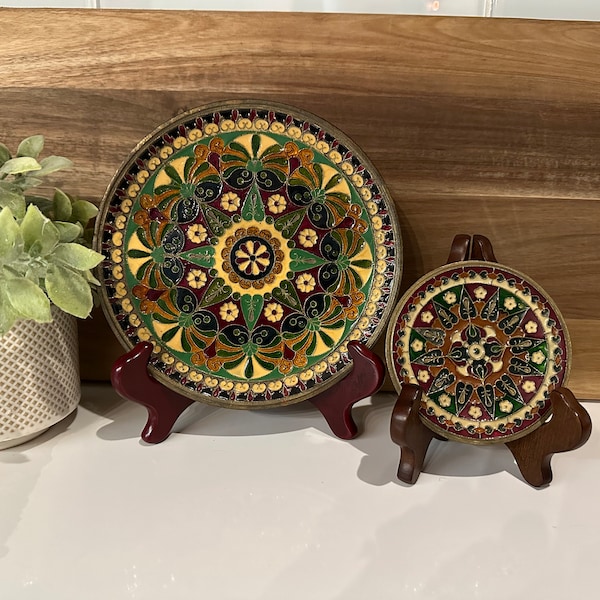 Pair of Vintage Byzantine Mosaic Brass and Enamel Hanging Plates Made in Greece