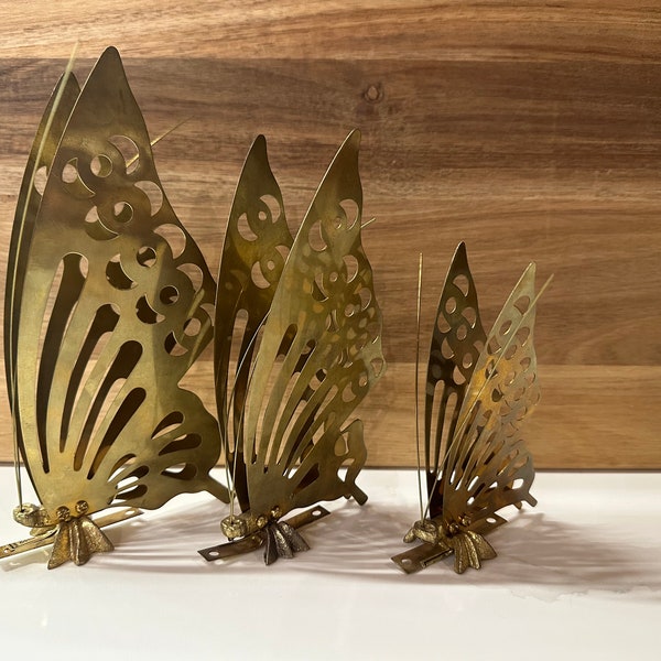 Vintage Brass Butterflies Wall Or Table Mount Graduated Sizes Tallest 8”