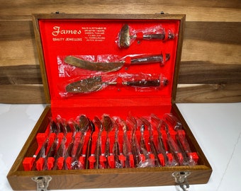 Vtg James Jewelry SET Bronzeware Flatware Dessert Set Cutlery Teak