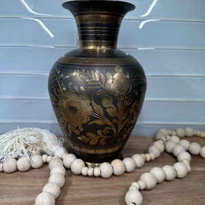 Stunning Vintage 2 Tone Etched Brass Vase Decor Etched Floral Made in India