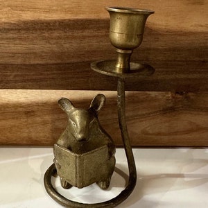 Vintage San Pacific International Brass Mouse Reading by candlelight candlestick- Brass Decor, Brass Animal