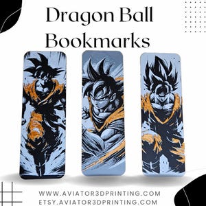 May include: Three rectangular bookmarks featuring Dragon Ball characters. Each bookmark has a different illustration of a character in black, orange, and white against a light blue background. The text "Dragon Ball Bookmarks" is at the top.