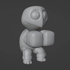 May include: A 3D-rendered, gray cartoon turtle figure in a seated position. The turtle has a large head with closed eyes, a beak-like nose, and large, square boxing gloves. The turtle's shell is visible on its back, and it wears shorts and boots.
