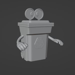 May include: A grey cartoon bin with arms, hands, and large, round eyes. The bin has a recycling symbol on the front and a wheel on the side. The arms are outstretched, and the hands are in a gesture.