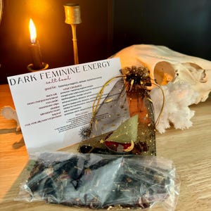 K&ouml;nnte beinhalten: Ein Dark Feminine Energy Salzschalen-Set bestehend aus einem schwarzen Organza-Beutel mit goldenen Sternenmustern, einem durchsichtigen Plastikbeutel mit getrockneten Kr&auml;utern und Bl&uuml;tenbl&auml;ttern, einer roten Kerze, einem Lorbeerblatt und einer Infokarte.