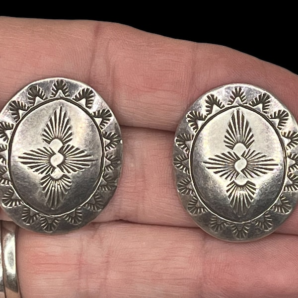 Vintage Earrings Hand stamped sterling silver concho oval shape signed by artist Ny lightweight on the ear