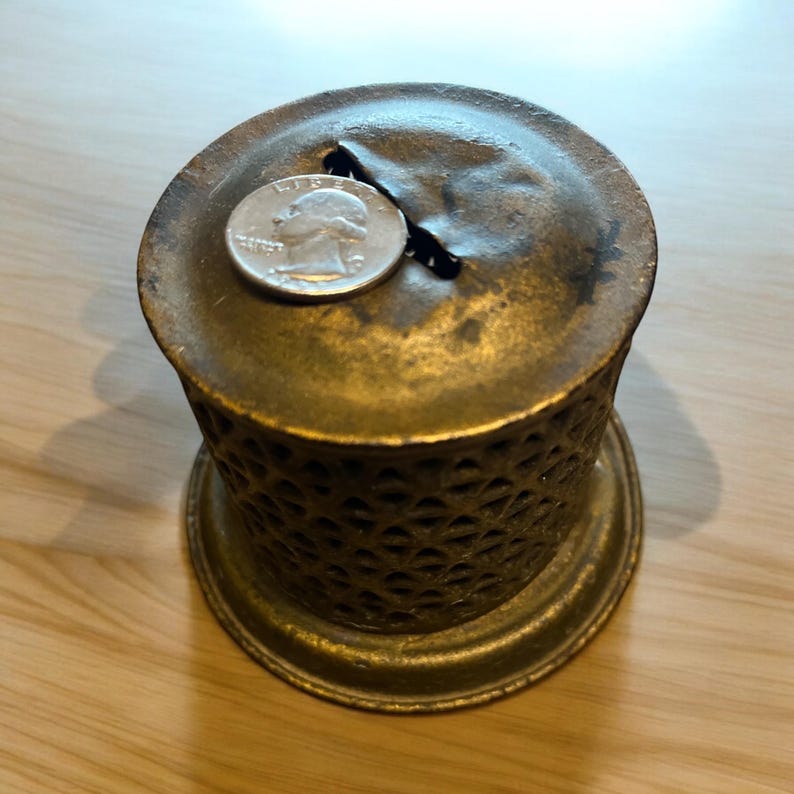 Vintage Circa 1800s Tin Coin Bank Rustic With Triangle Cut Outs Bank