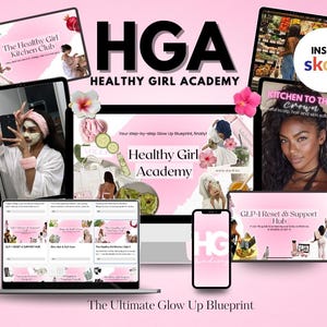 Pode incluir: Um gráfico de marketing digital com o texto "HGA Healthy Girl Academy" em preto e rosa. A imagem inclui um laptop, tablets e um telefone exibindo conteúdo relacionado à saúde e bem-estar, com o texto "The Ultimate Glow Up Blueprint."