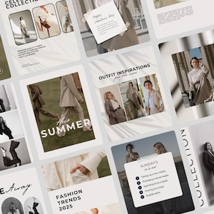 Puede incluir: Un collage de imágenes de moda. Las imágenes presentan modelos con atuendos de tonos neutros, con superposiciones de texto como "Outfit Inspirations for the Week", "This Summer" y "Fashion Trends 2025". Las imágenes también incluyen texto que dice "Happy Valentine's Day" y "Sunday's".
