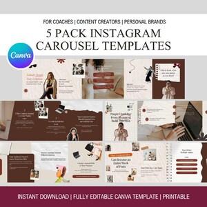 Könnte beinhalten: Eine digitale Sammlung von 5 Instagram-Karussell-Vorlagen für Coaches, Content-Ersteller und persönliche Marken. Das Design verwendet eine neutrale Farbpalette mit Braun- und Cremetönen und integriert Text, Fotografie sowie Papiertexturen.