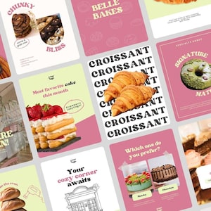 Pode incluir: Uma coleção de cartões promocionais para uma padaria, com imagens de produtos de panificação como croissants, bolos e biscoitos. Os cartões apresentam textos como "CHUNKY", "BLISS" e "Most favorite cake this month". O esquema de cores inclui rosa, verde e branco.