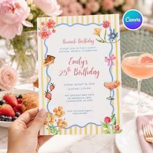 Floral Birthday Brunch Invitation, Mimosa Party Template, Editable Canva Design (Instant Download)