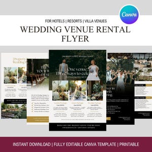 Puede incluir: Un folleto de alquiler de lugares para bodas con el texto "Wedding Venue Rental Flyer" y "One venue. Three ways to celebrate." El folleto incluye imágenes de lugares para bodas y paquetes. El logotipo de Canva está en la esquina superior derecha.
