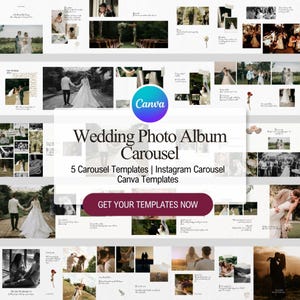 Pode incluir: Uma coleção digital de modelos de carrossel de álbum de fotos de casamento para Instagram, apresentando vários layouts com fundos brancos, tipografia elegante e vários exemplos de fotografia de casamento, incluindo o texto Wedding Photo Album Carousel.