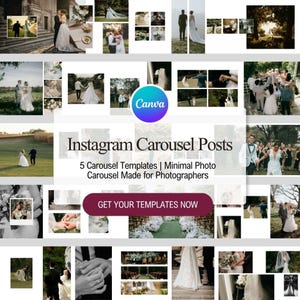 May include: A digital graphic displaying Canva Instagram Carousel Posts templates featuring numerous wedding photographs, including couples in formal attire, bridal gowns, and ceremony details, with text overlays stating 5 Carousel Templates.