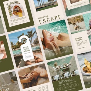 Può includere: Una collezione di materiali promozionali con una combinazione di colori verde e beige. I materiali includono testo come "Afternoon Tea", "Reserve Your Escape" e "Poolside Paradise". Un'immagine presenta un cartello "Please Do Not Disturb".