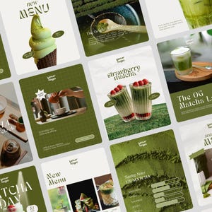 Könnte beinhalten: Eine Sammlung von Werbegrafiken für ein Matcha-Menü. Die Bilder zeigen Matcha-Eis, Erdbeer-Matcha-Getränke und andere Getränke auf Matcha-Basis. Der Text enthält "New Menu" und "Strawberry Matcha".
