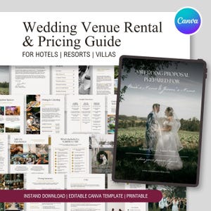 May include: A wedding venue rental and pricing guide with the text "Wedding Venue Rental & Pricing Guide FOR HOTELS | RESORTS | VILLAS". A tablet displays a wedding proposal template with a photo of a couple. The template includes fields for the couple's names and wedding details.