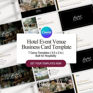 May include: A collection of business card templates for a hotel event venue. The design features a white background with black and gold accents. The text reads "Hotel Event Venue Business Card Template" and "Get Your Templates Now."