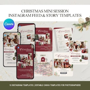 May include: A collection of digital Christmas mini session Instagram feed and story templates for photographers. The designs feature a deep red and cream color palette with festive imagery, text placeholders, and the Canva logo in a blue circle.