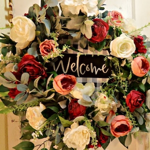 Summer wreath for door, Summer rose wreath, Front door wreath welcome sign, Summer door decor, Front porch wreath, Summer porch decor