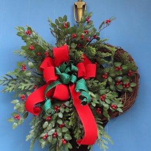 Farmhouse Christmas Wreath: Holly, Red Velvet Bow, Greenery
