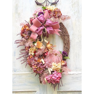Pink Velvet Pumpkin Wreath: Hydrangea Grapevine, Fall Door Decor