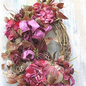 Pink Velvet Pumpkin Fall Wreath: Mauve Hydrangeas & Gold Accents