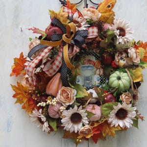 Fall pumpkin wreath, Farmhouse pumpkin wreath, Fall wreath for front door, Rustic autumn wreath with sign, Thanksgiving wreath