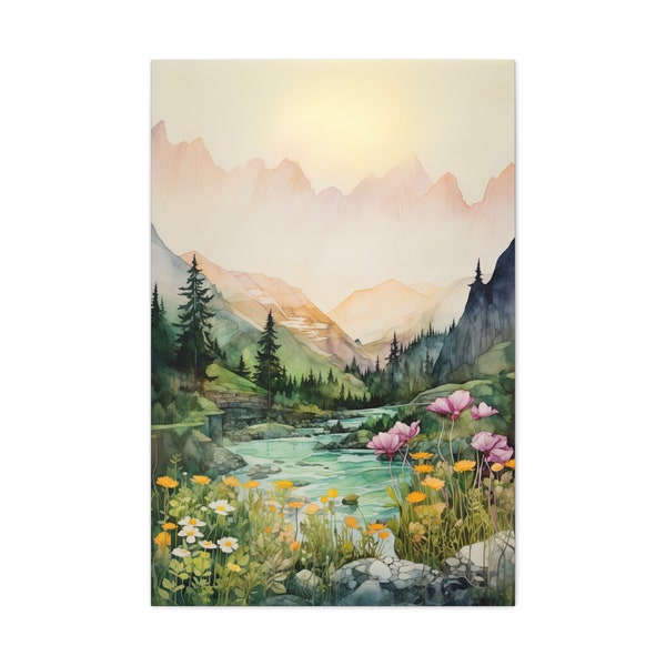 Abstract Wildflower Meadow Landscape, Mountain Background, Watercolor, Floral Wall Art for Living Room and Kitchen, Stretched Canvas Print