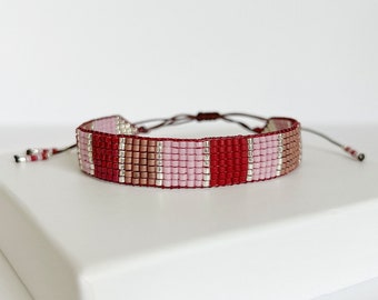 Red beaded bracelet for woman, Adjustable boho cuff with colorful beads, Hand woven seed bead bracelet.