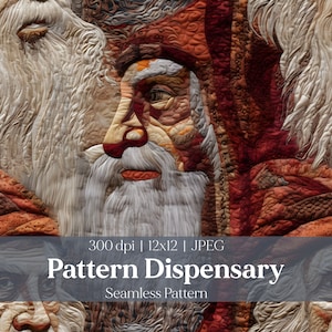 Könnte beinhalten: Ein nahtloses Muster mit einer Nahaufnahme eines Mannes mit langem weißem Bart. Das Muster besteht aus verschiedenen Rot-, Orange- und Weißtönen. Der Text "Pattern Dispensary" und "Seamless Pattern" wird am unteren Rand des Bildes angezeigt.