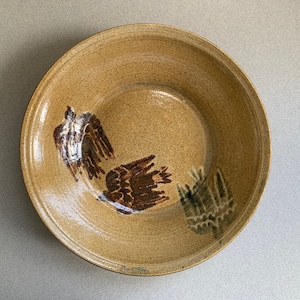 Handmade Pottery Soaring Birds Serving Dish, Vintage Bowl Hand-Painted Birds, Stoneware Dish with Birds