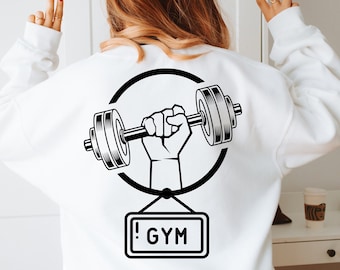 May include: White sweatshirt with a black graphic of a hand lifting a dumbbell with a sign that says "! GYM" hanging from it.