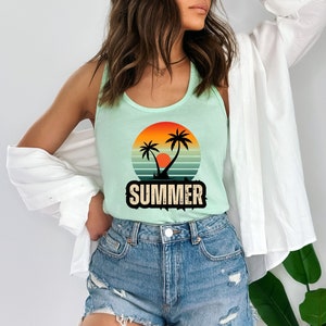 Retro Summer Tank Top | Palm Tree Sunset Shirt | Vintage Beach Racerback | Summer Gift for Her | Tropical Vacation Tank | Beach Trip Tank