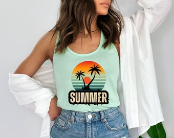 Retro Summer Tank Top | Palm Tree Sunset Shirt | Vintage Beach Racerback | Summer Gift for Her | Tropical Vacation Tank | Beach Trip Tank