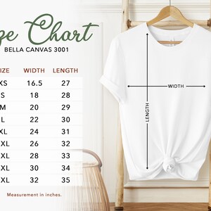 Peut inclure: Tableau des tailles pour les t-shirts Bella Canvas 3001, indiquant les mesures en pouces pour la largeur et la longueur, pour les tailles XS &agrave; 5XL.