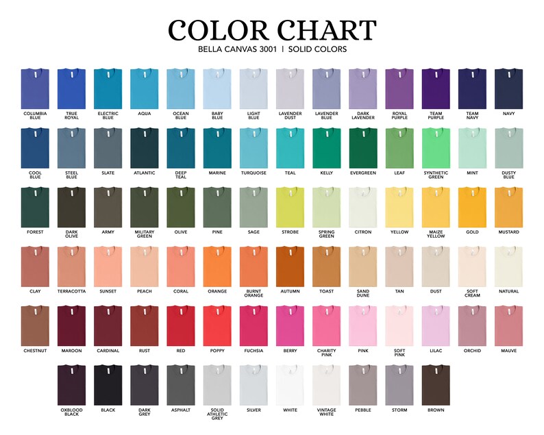 Peut inclure: Nuancier de couleurs montrant 100 couleurs diff&eacute;rentes de t-shirts Bella Canvas 3001. Les couleurs sont dispos&eacute;es en lignes et en colonnes, chaque couleur ayant une &eacute;tiquette de nom en dessous.